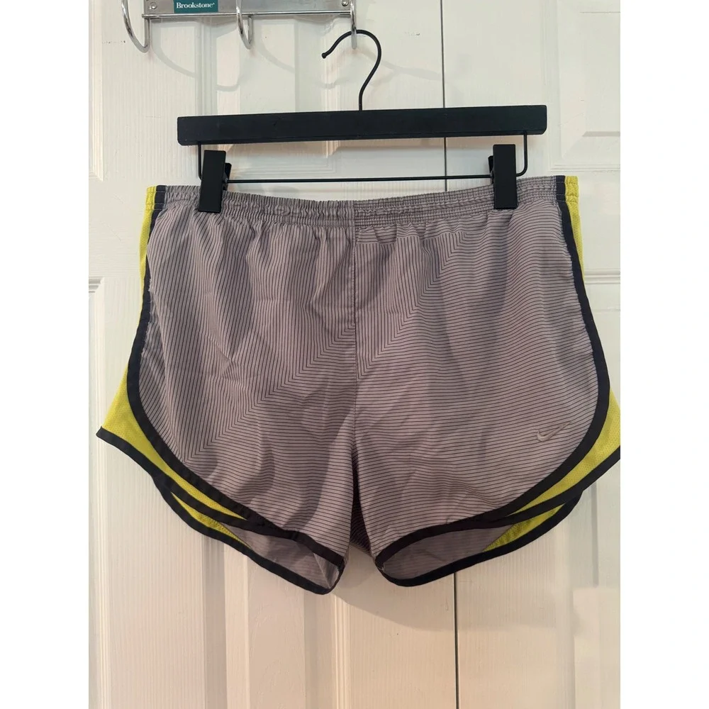 Nike Dri-FIT Tempo Running Shorts Grey Neon Yellow Pinstripe Womens Medium
